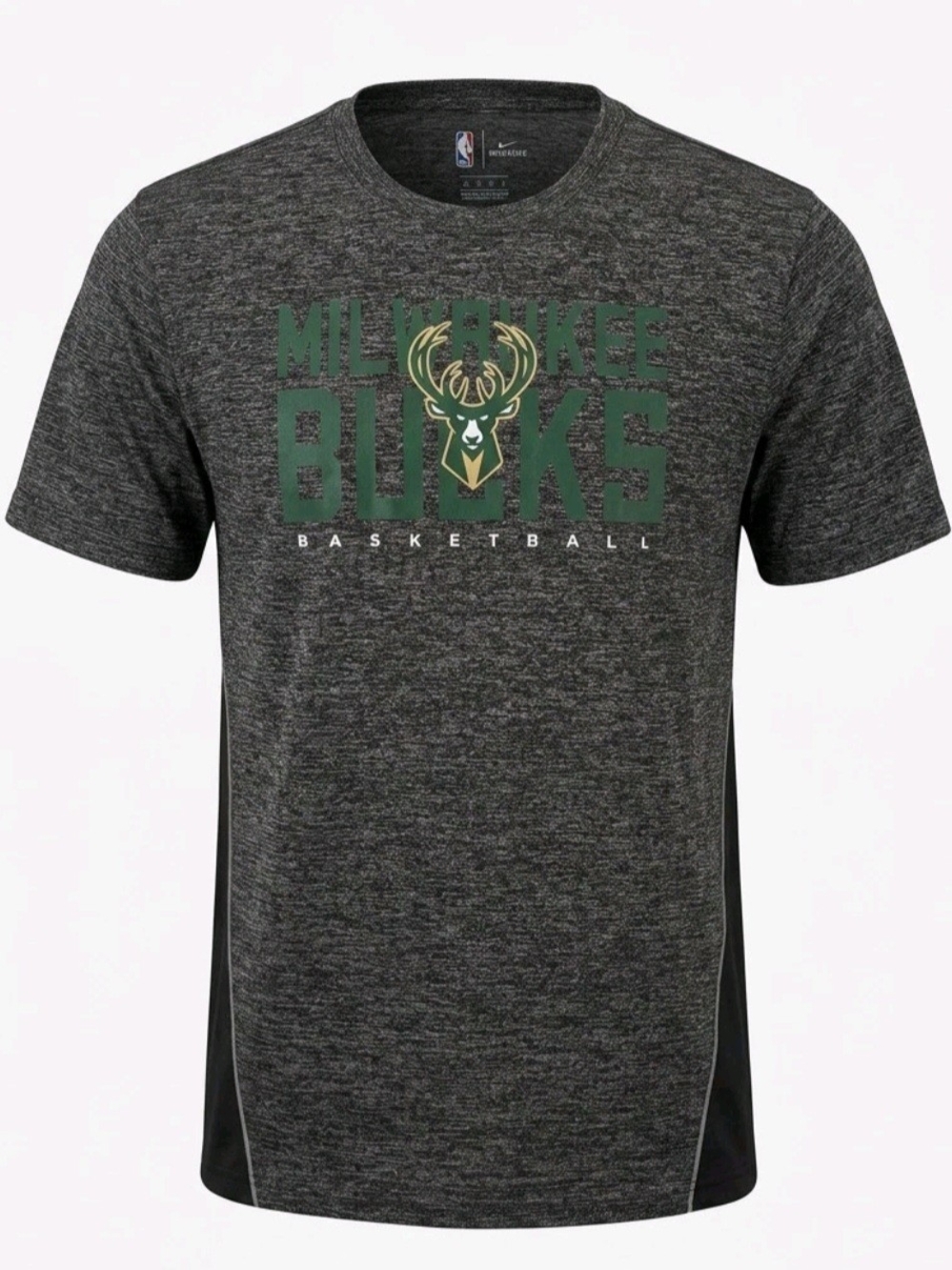 NBA Milwaukee Bucks Dark Gray Heather Performance Tee with Green Logo Size XL